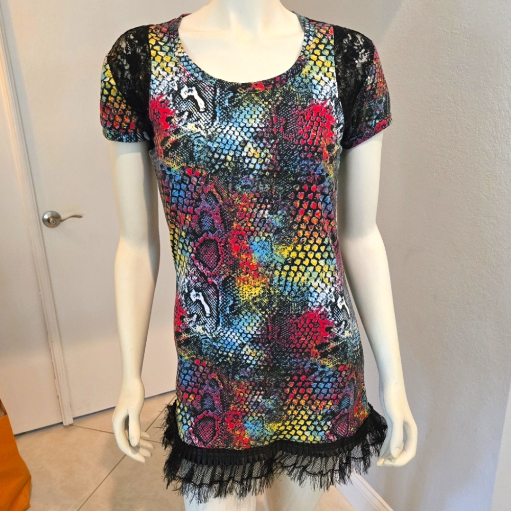 Rock&Roll Cowgirl Colorful Snake Print MiniDress Sequined Lace Insets Satin Trim